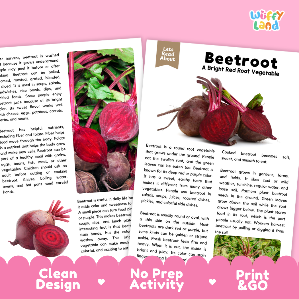 Teacher answer key page showing complete question solutions for beetroot reading comprehension practice