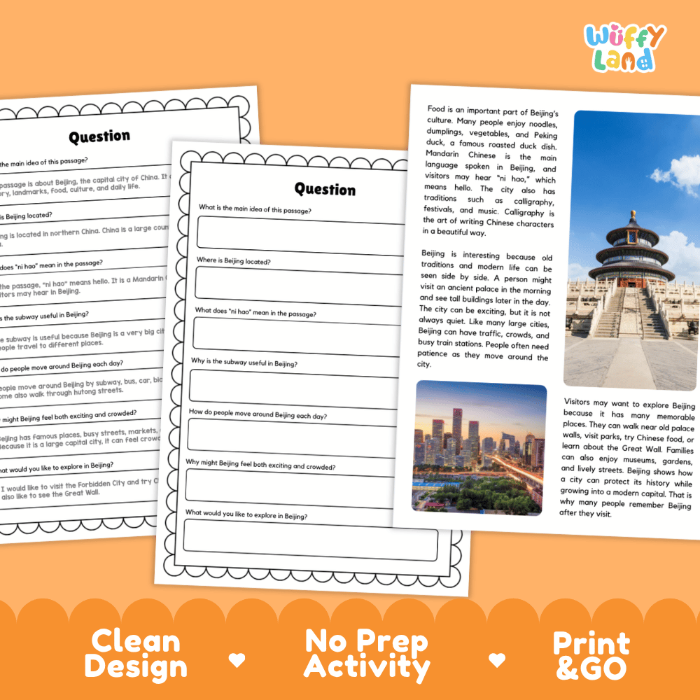 Student reading passage titled An Ancient and Busy Capital detailing Beijing China Forbidden City Temple of Heaven Great Wall subway transit and city photography
