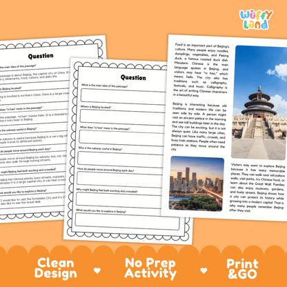 Student reading passage titled An Ancient and Busy Capital detailing Beijing China Forbidden City Temple of Heaven Great Wall subway transit and city photography