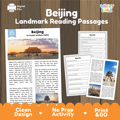 Beijing landmark reading passage and comprehension worksheet educational unit featuring nonfiction text and authentic Chinese Forbidden City architecture photography