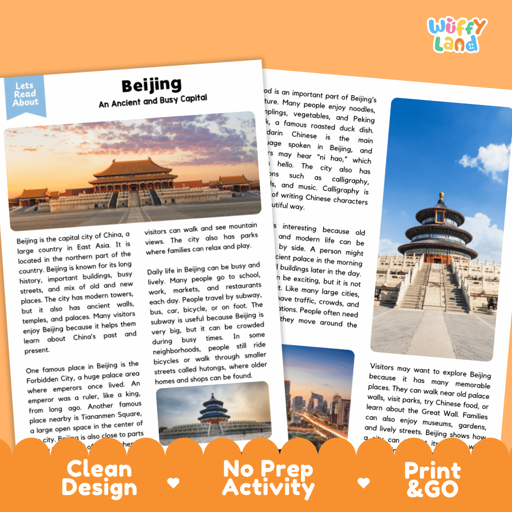 Reference sheet and answer key for Beijing landmark reading passage displaying completed comprehension answers and East Asian geography facts