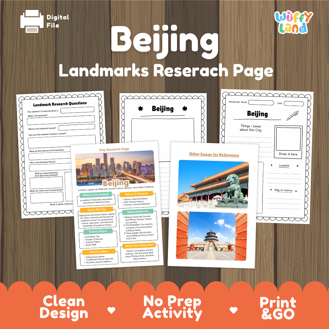 Beijing landmarks research page activity sheet set by Wiffy Land, shown as a digital file on a wood-grain background with product features highlighted at the bottom.