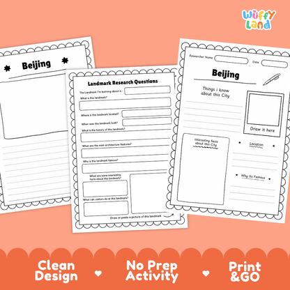 Three printable Beijing activity sheets shown on a peach background with a colorful 'Wiffly Land' logo at the top right. The sheets include writing prompts, fill-in lines, and drawing boxes.
