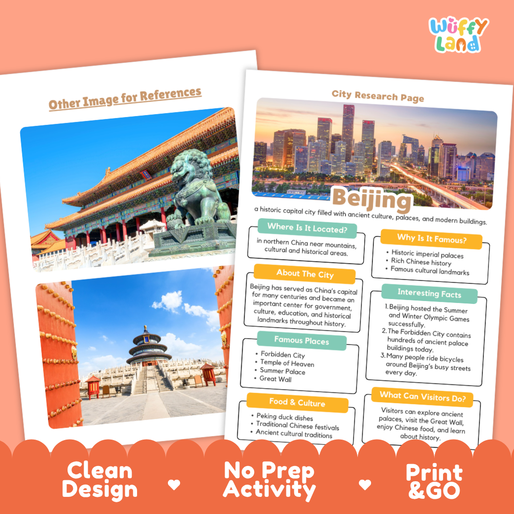 Two printed educational city research pages about Beijing are shown on a peach background with promotional text reading 'Clean Design,' 'No Prep Activity,' and 'Print & GO.' The pages include photos of Beijing landmarks and text boxes about the city.