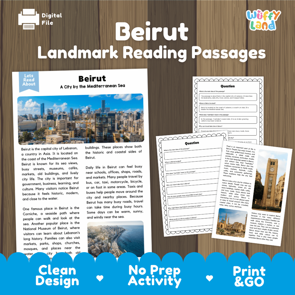 Beirut landmark reading passage and comprehension worksheet educational unit featuring nonfiction text and authentic Beirut Mediterranean coastline photography