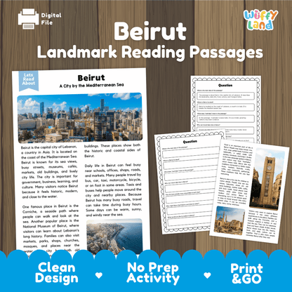 Beirut landmark reading passage and comprehension worksheet educational unit featuring nonfiction text and authentic Beirut Mediterranean coastline photography