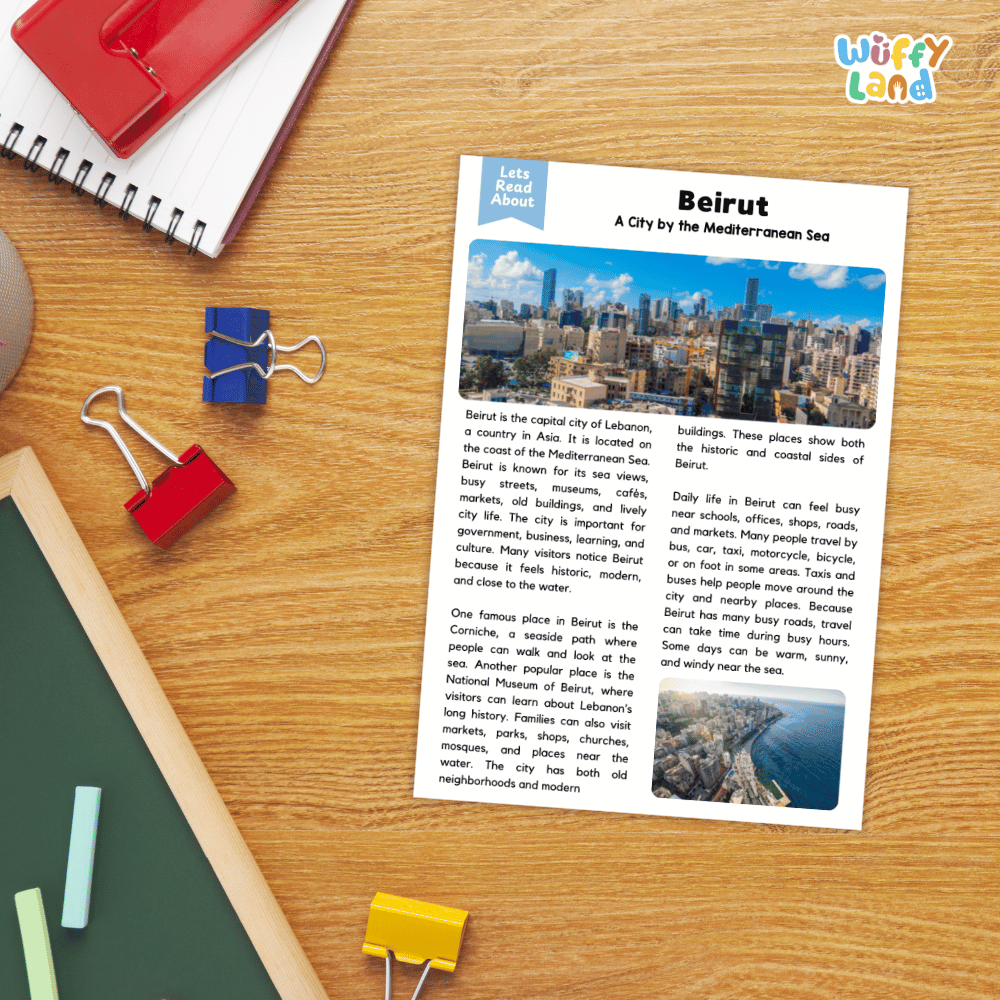 Lined reading comprehension question worksheet covering main ideas vocabulary terms and landmark facts about Beirut Lebanon