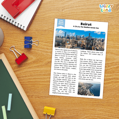 Lined reading comprehension question worksheet covering main ideas vocabulary terms and landmark facts about Beirut Lebanon