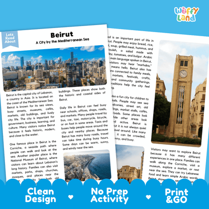 Reference sheet and answer key for Beirut landmark reading passage displaying completed comprehension answers and Middle Eastern Mediterranean geography facts
