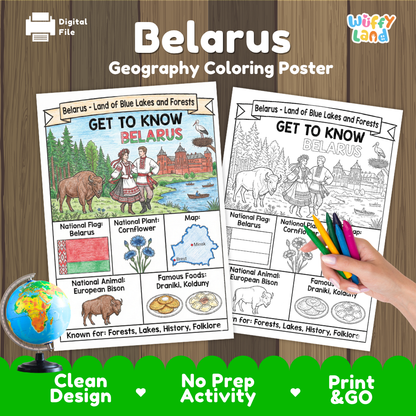 Get to know Belarus coloring poster paired with photo flashcards of Mir Castle, Nesvizh Castle, National Library, and Draniki