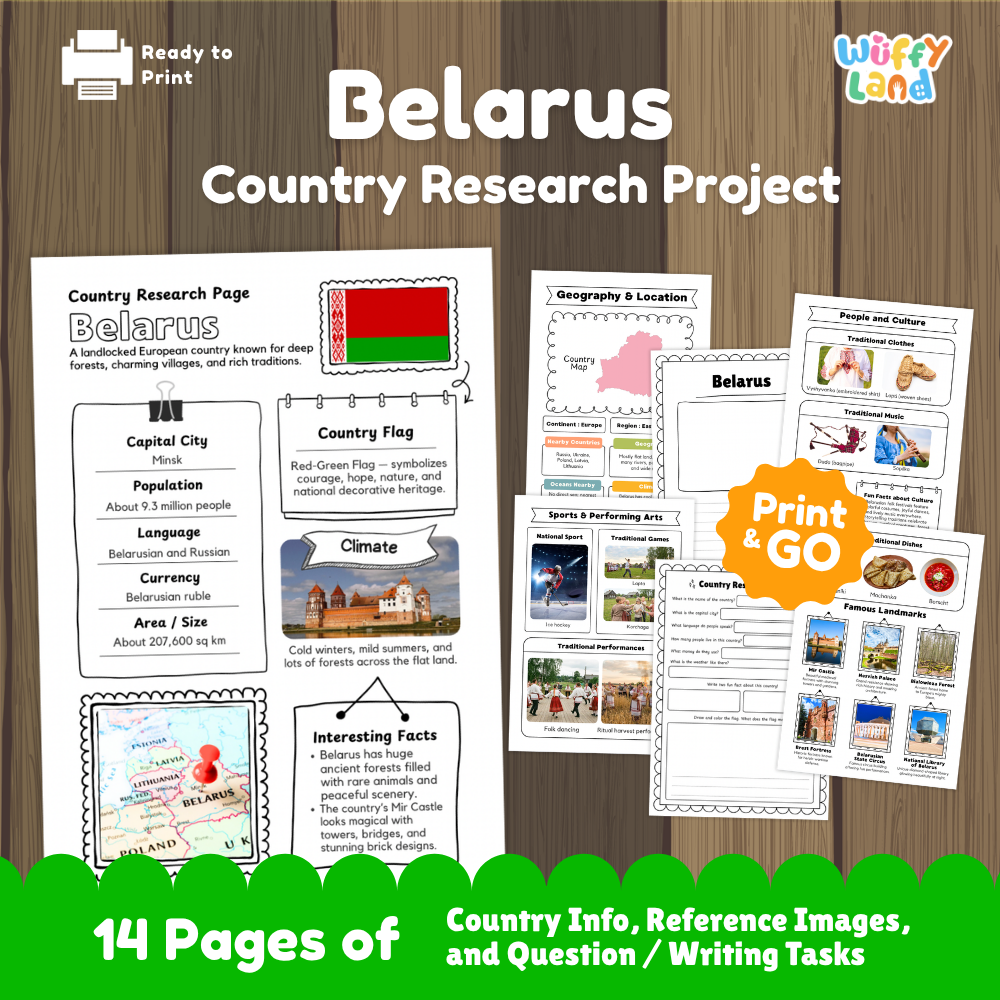 Student country research worksheet on Belarus featuring national flag, Minsk capital facts, climate, and geography map