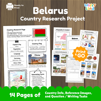 Student country research worksheet on Belarus featuring national flag, Minsk capital facts, climate, and geography map