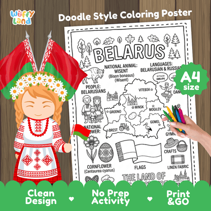 Belarus country study doodle style coloring poster printable page featuring map, landmarks, and cultural symbols