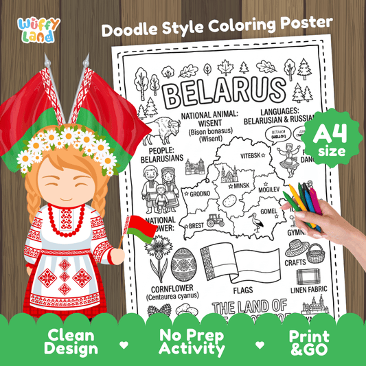 Belarus country study doodle style coloring poster printable page featuring map, landmarks, and cultural symbols