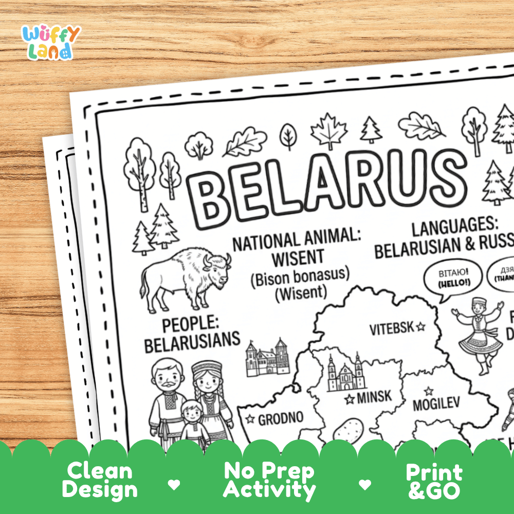 Cultural coloring page featuring traditional Belarusian folk costume, linen fabric, crafts, and Belarusian greeting speech bubbles