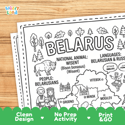 Cultural coloring page featuring traditional Belarusian folk costume, linen fabric, crafts, and Belarusian greeting speech bubbles