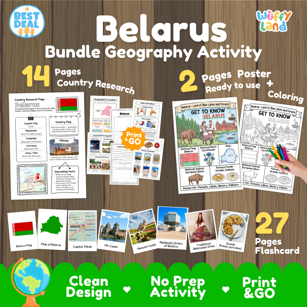 Belarus geography activity bundle cover showing 14 country research pages, 2 ready to use coloring posters, and 27 photo flashcards