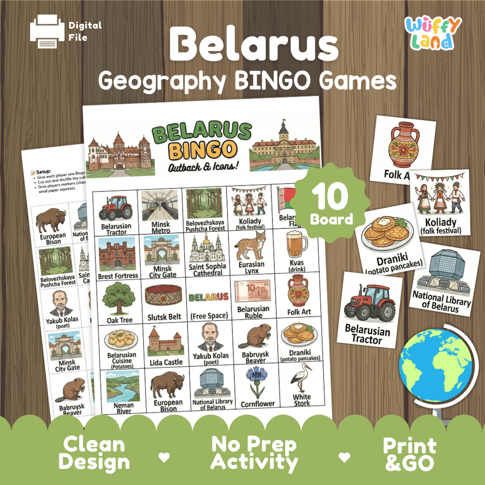 Belarus geography BINGO games cover showing 10 boards featuring European bison Belarusian tractor Brest Fortress and Draniki