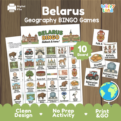 Belarus geography BINGO games cover showing 10 boards featuring European bison Belarusian tractor Brest Fortress and Draniki