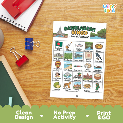 Individual BINGO calling cards showing Folk Art, Koliady folk festival, Draniki potato pancakes, and Belarusian Tractor
