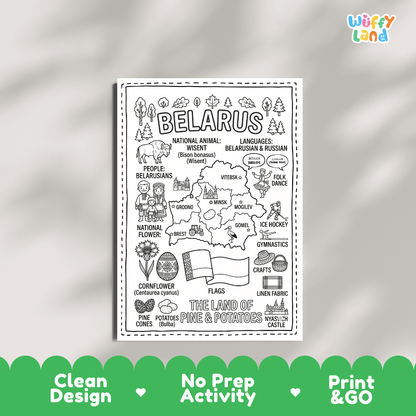 Educational activity coloring page highlighting Belarus national animal Wisent European bison, Cornflower, and flag ornament