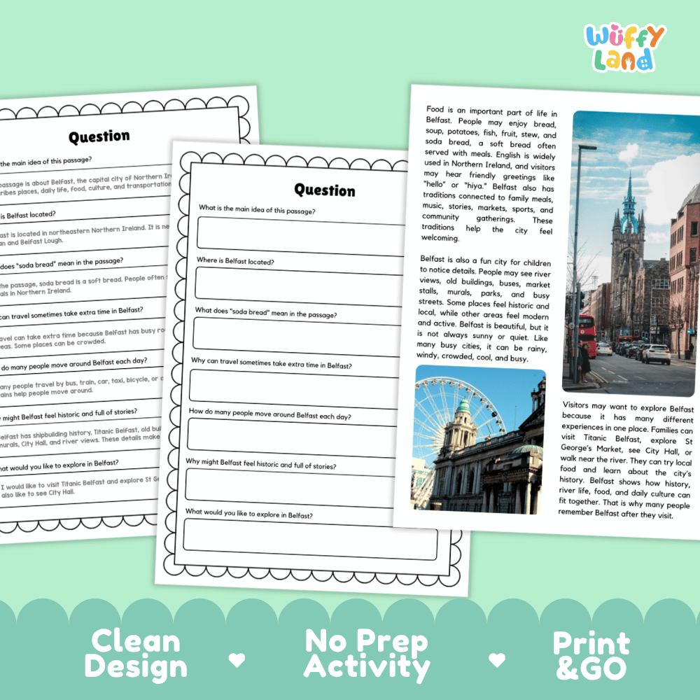 Student reading passage titled A Historic City by the River detailing Belfast Northern Ireland Titanic museum soda bread and riverfront photography