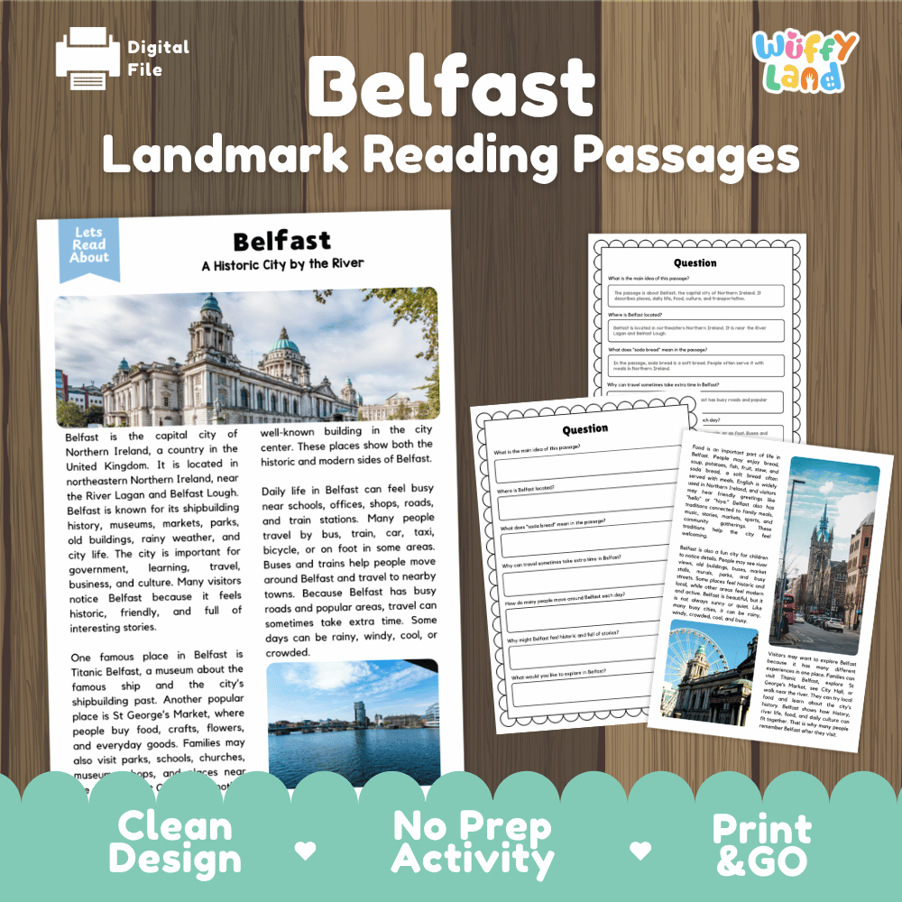 Belfast landmark reading passage and comprehension worksheet educational unit featuring nonfiction text and authentic Belfast Northern Ireland architecture photography