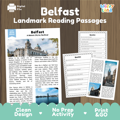 Belfast landmark reading passage and comprehension worksheet educational unit featuring nonfiction text and authentic Belfast Northern Ireland architecture photography
