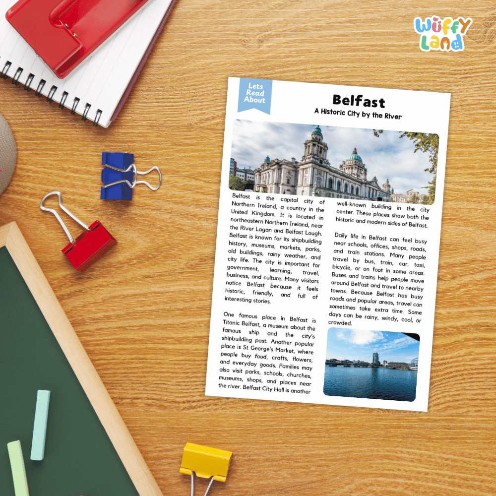 Lined reading comprehension question worksheet covering main ideas vocabulary terms and landmark facts about Belfast Northern Ireland