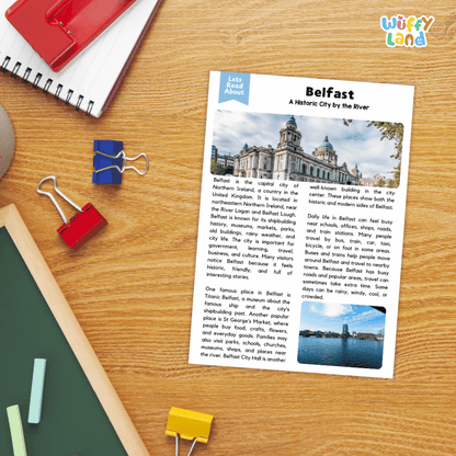 Lined reading comprehension question worksheet covering main ideas vocabulary terms and landmark facts about Belfast Northern Ireland