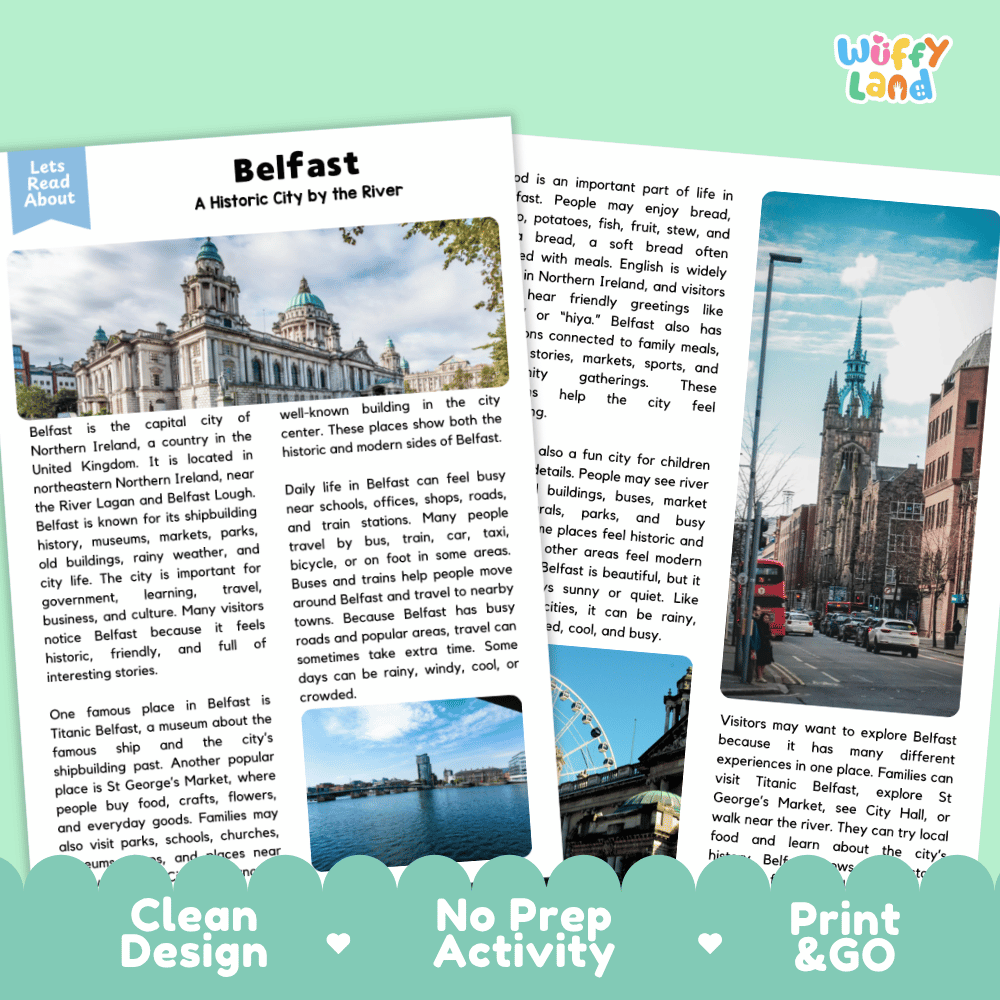 Reference sheet and answer key for Belfast landmark reading passage displaying completed comprehension answers and United Kingdom geography facts