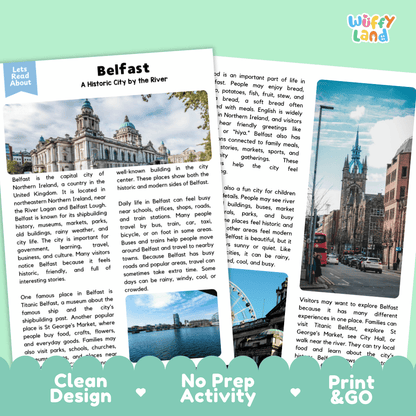 Reference sheet and answer key for Belfast landmark reading passage displaying completed comprehension answers and United Kingdom geography facts