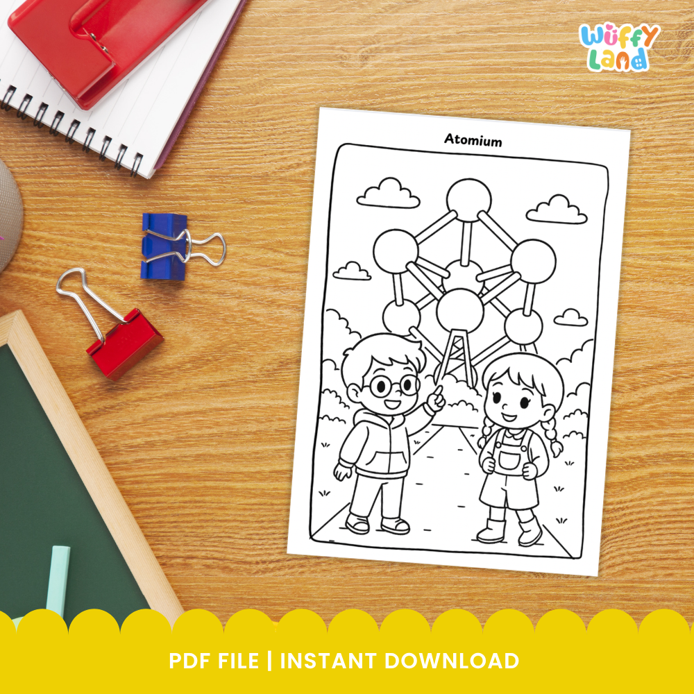 Belgian chocolate shop window colored sample page alongside Atomium landmark printable coloring page for kids