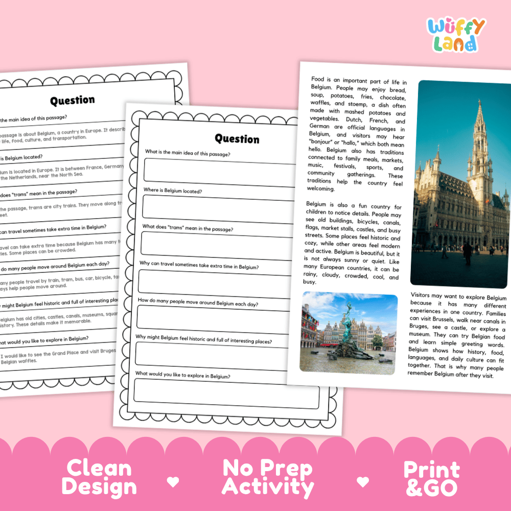 Student reading passage titled A Country of Cities and Chocolate detailing Belgium Grand Place Bruges waffles and European city photography