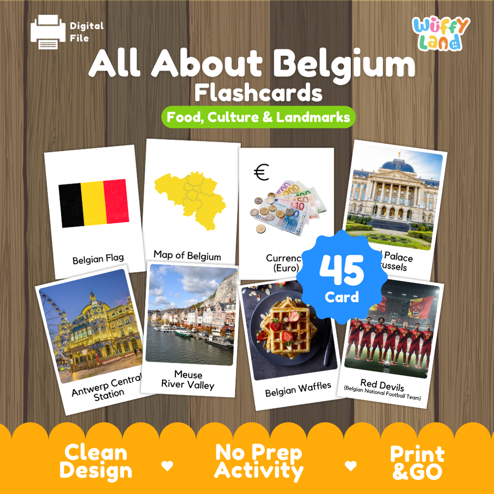 Belgian chocolate shop window coloring pages paired with photo flashcards of Royal Palace of Brussels, Antwerp Central Station, Meuse River Valley, and Belgian Waffles
