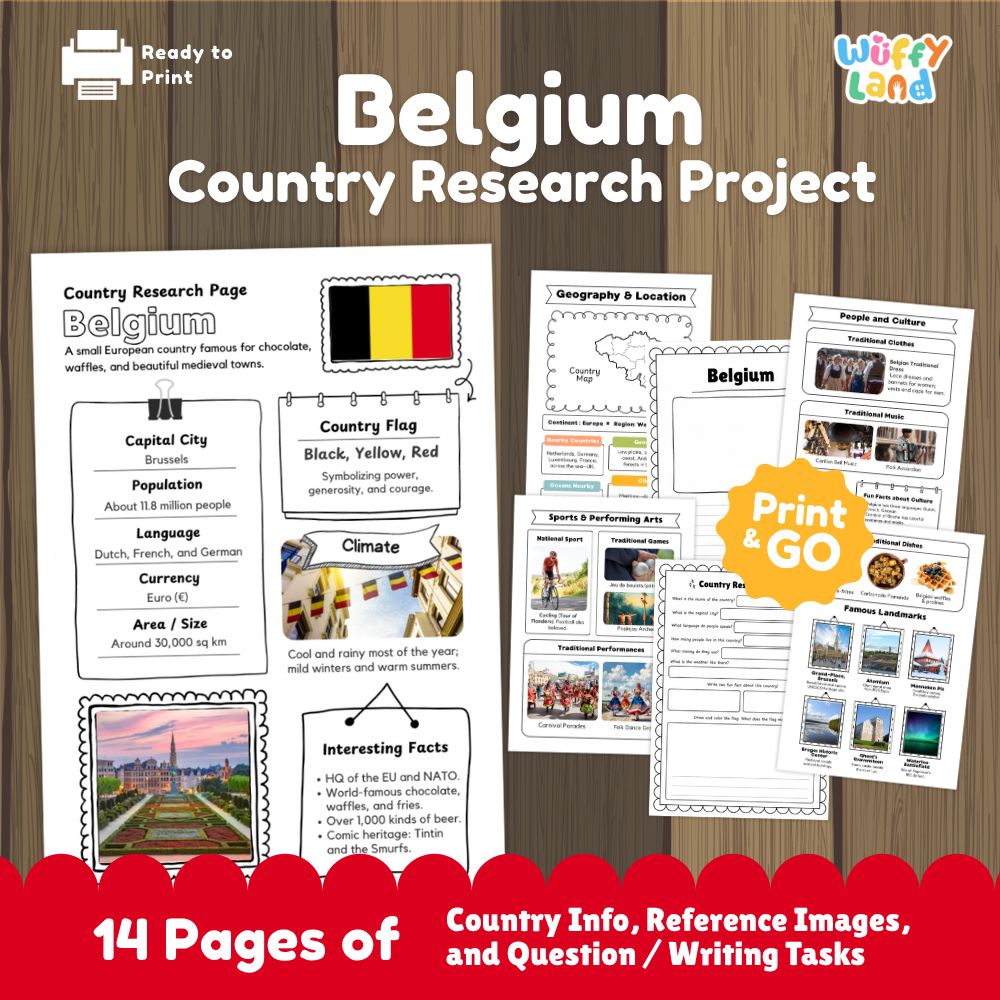 Student country research worksheet on Belgium featuring black yellow and red flag, Brussels capital facts, climate, and geography map