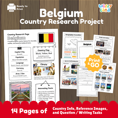 Student country research worksheet on Belgium featuring black yellow and red flag, Brussels capital facts, climate, and geography map