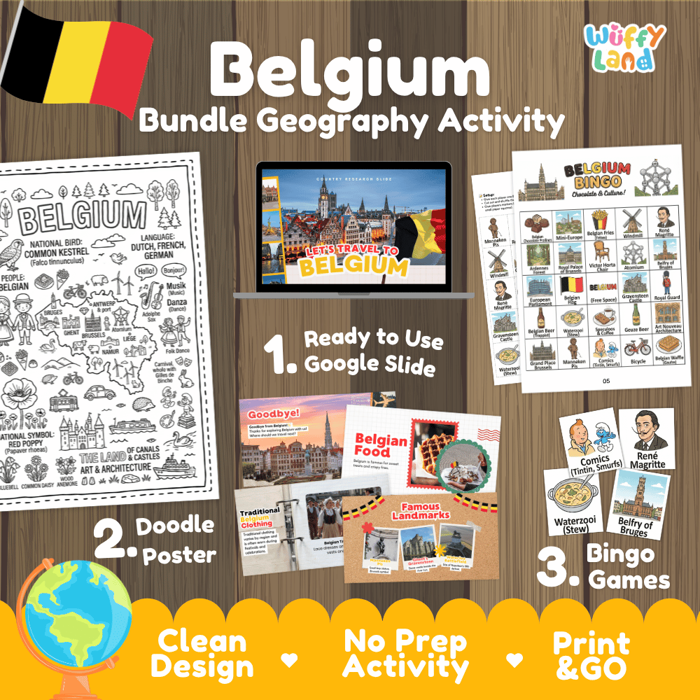 Complete Belgium geography activity bundle featuring Google Slides, doodle coloring poster, and classroom bingo games 🇧🇪🎒