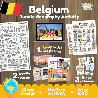 Complete Belgium geography activity bundle featuring Google Slides, doodle coloring poster, and classroom bingo games 🇧🇪🎒