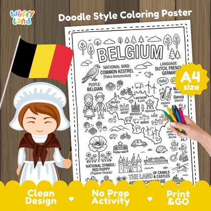 Belgium country study doodle style coloring poster printable page featuring map, landmarks, and cultural symbols
