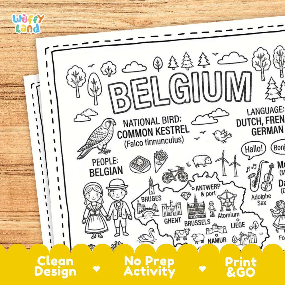 Cultural coloring page featuring traditional Belgian attire, waffles, saxophone, and multilingual greeting speech bubbles