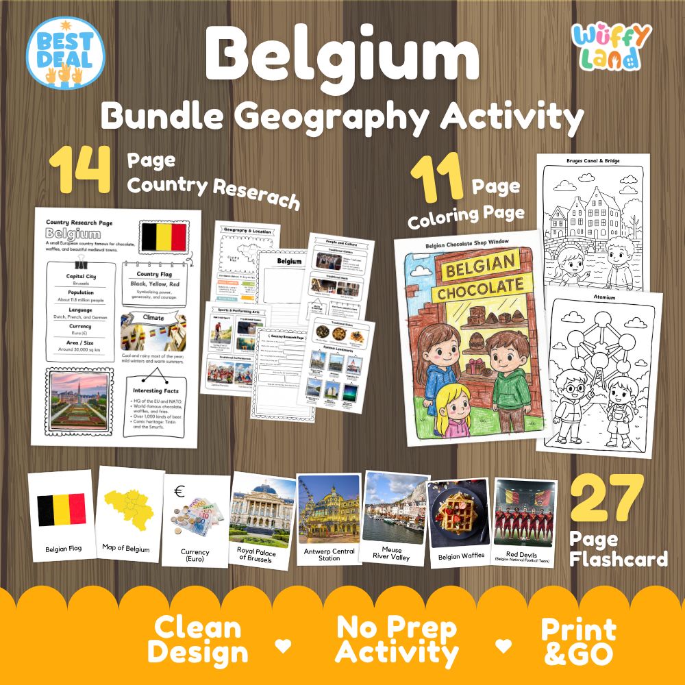 Belgium geography activity bundle cover showing 14 country research pages, 11 coloring pages, and 27 photo flashcards
