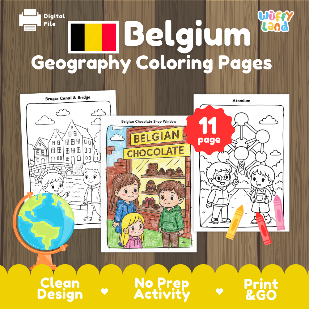 Belgium geography coloring pages cover featuring Belgian flag, Bruges canal, chocolate shop window, and Atomium coloring sheets