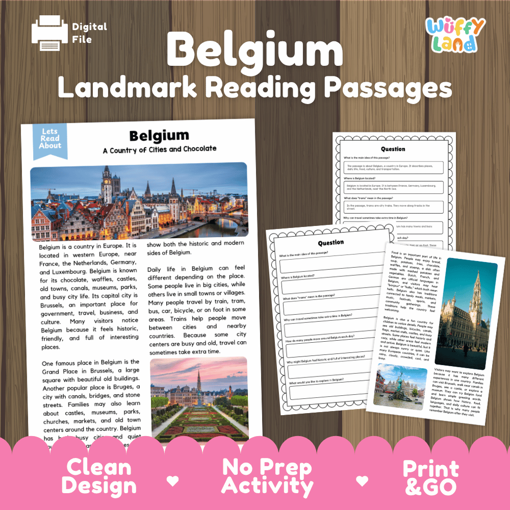 Belgium landmark reading passage and comprehension worksheet educational unit featuring nonfiction text and authentic Belgium architecture and canal photography