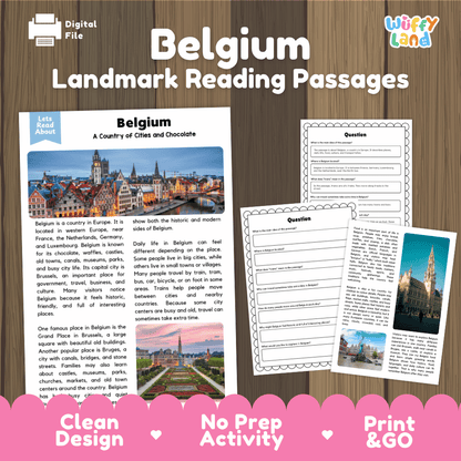 Belgium landmark reading passage and comprehension worksheet educational unit featuring nonfiction text and authentic Belgium architecture and canal photography