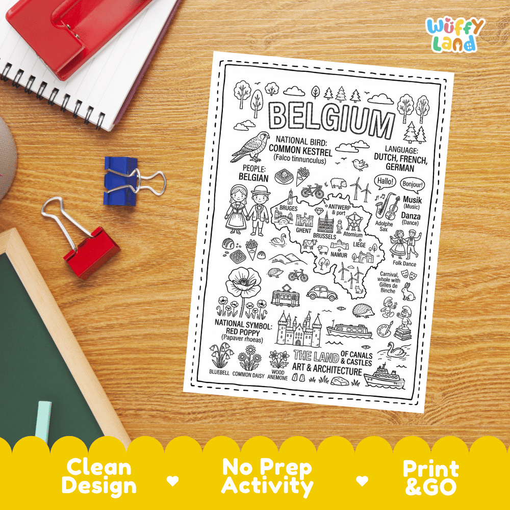 Doodle map coloring sheet showing Belgium's capital Brussels, Atomium, Antwerp port, and historic cities