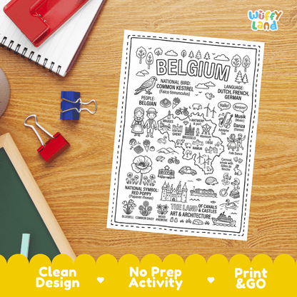 Doodle map coloring sheet showing Belgium's capital Brussels, Atomium, Antwerp port, and historic cities