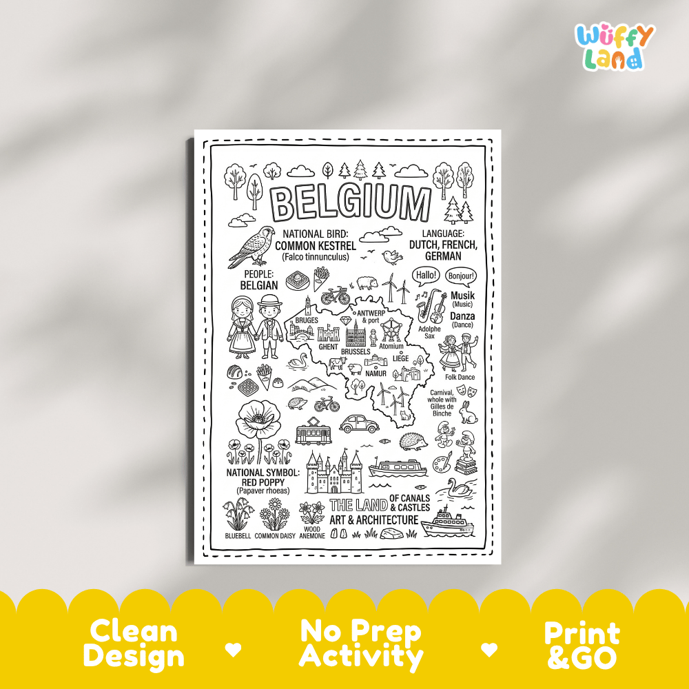 Educational activity coloring page highlighting Belgium's national bird the Common Kestrel and Red Poppy flower