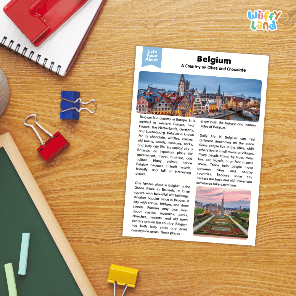 Lined reading comprehension question worksheet covering main ideas vocabulary terms and landmark facts about Belgium Europe