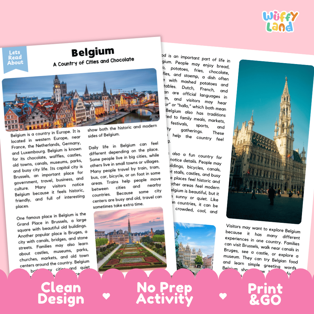 Reference sheet and answer key for Belgium landmark reading passage displaying completed comprehension answers and European geography facts